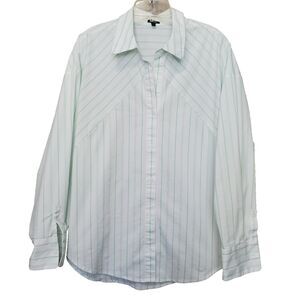 Express Boyfriend Portofino White Green Striped Cotton Blend Button-Up Tunic LGE